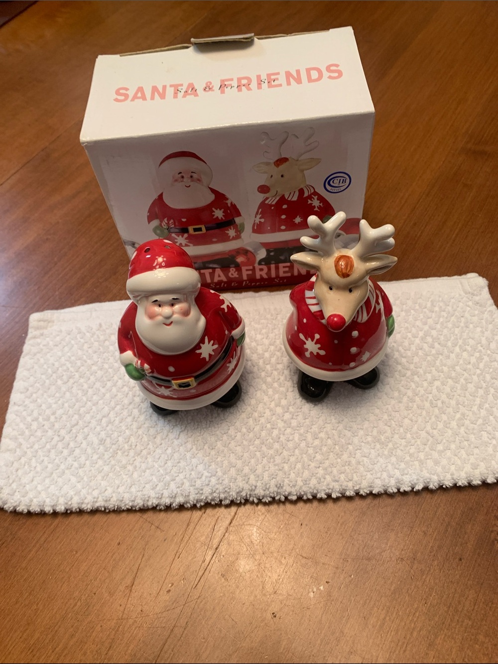 Red Ceramic Santa and Reindeer Salt and Pepper Shaker Set